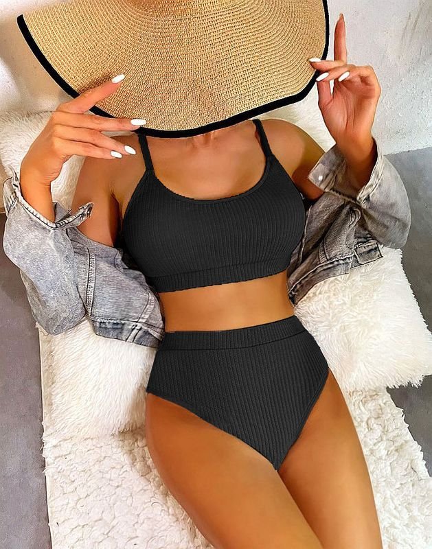 Summer Women Fashion Sexy Solid Color Sling High Waist Swimsuit Set