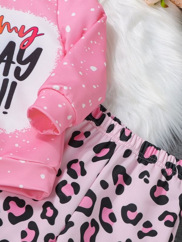 Kids Toddler Girls Casual Cute Alphabet Print Long Sleeve Sweatshirts Leopard Flare Trousers Sets