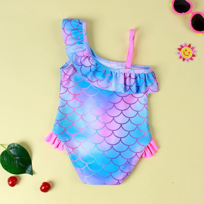 Kids Baby Girls Casual Cute Fish Scale Print One-Shoulder One Piece Swimwear