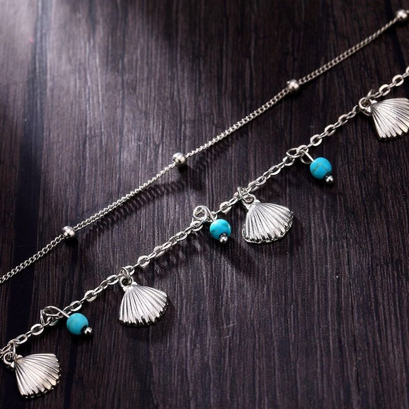 Women Fashion Shell Turquoise Beads Tassel Double-Layer Anklet