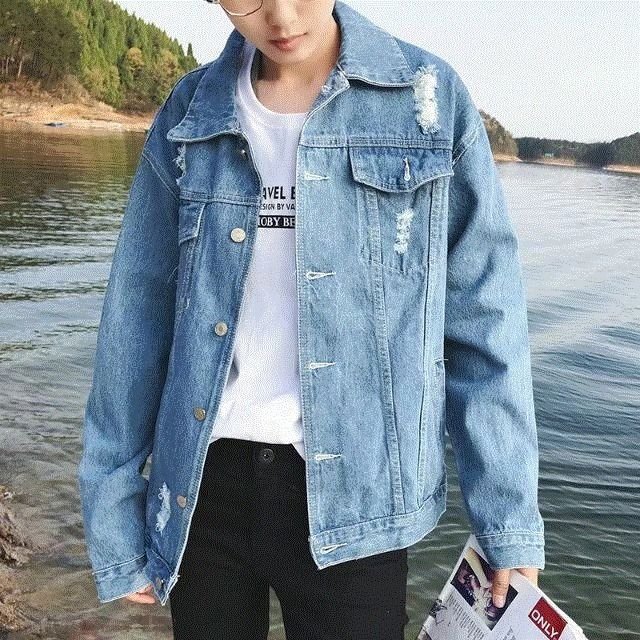 Men Fashion Casual Ripped Long Sleeve Lapel Denim Jacket