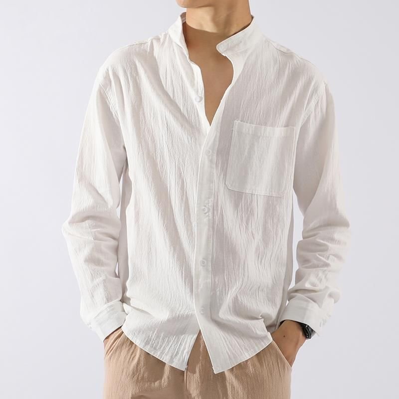 Men Fashion Casual Cotton Linen Long Sleeve Shirt Top