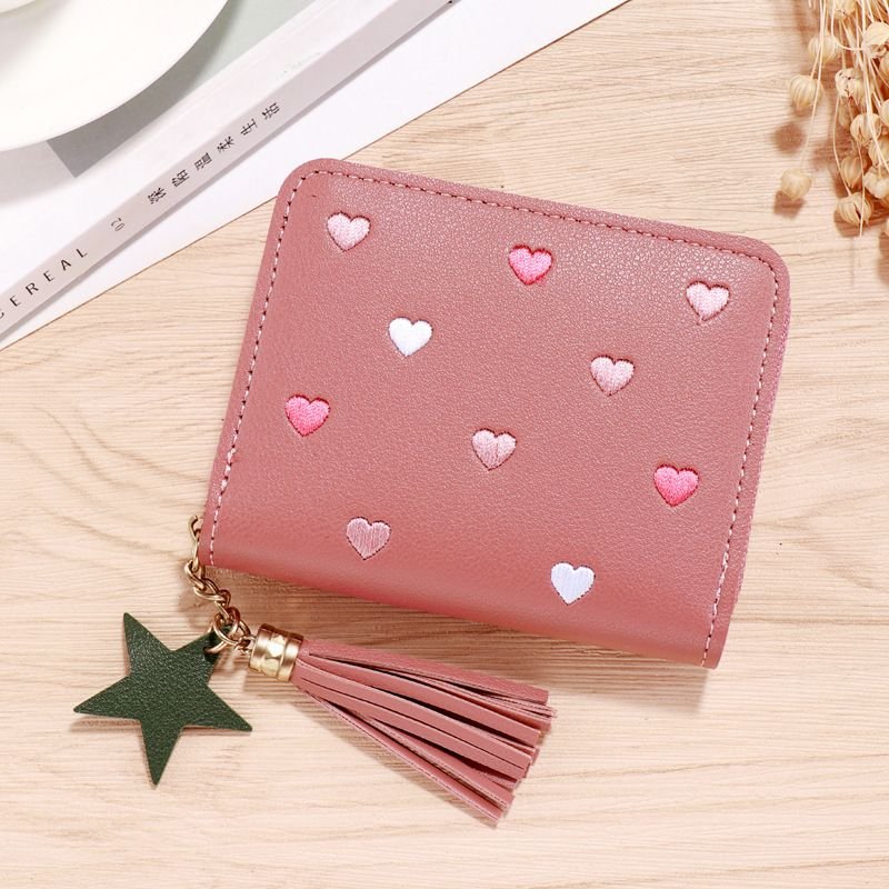 Women Fashion Casual Heart Pattern PU Zipper Wallets