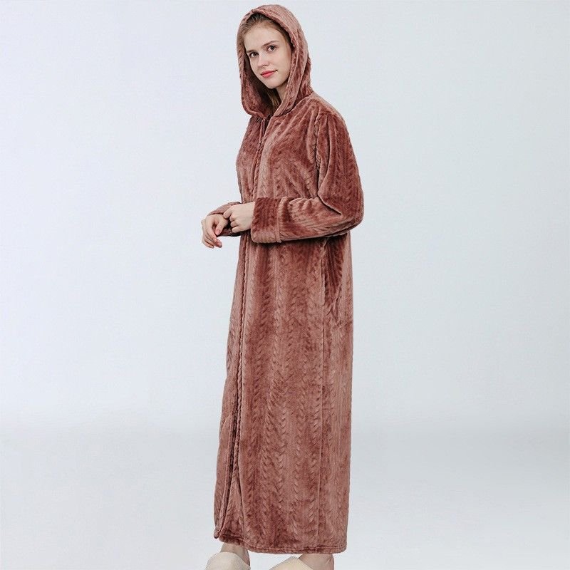 Couples Winter Fashion Casual Home Solid Color Rib-Knit Flannel Hooded Long Sleeve Zipper Robes Sleepwear