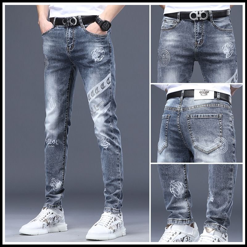 Men Casual Printed Solid Color Slight-Elasticity Skinny Jeans