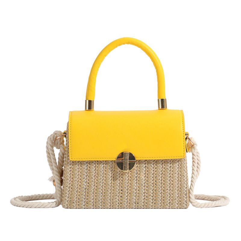 Summer Women Simple Square Straw Woven Flap-On Hemp Rope Handle Shoulder Bag