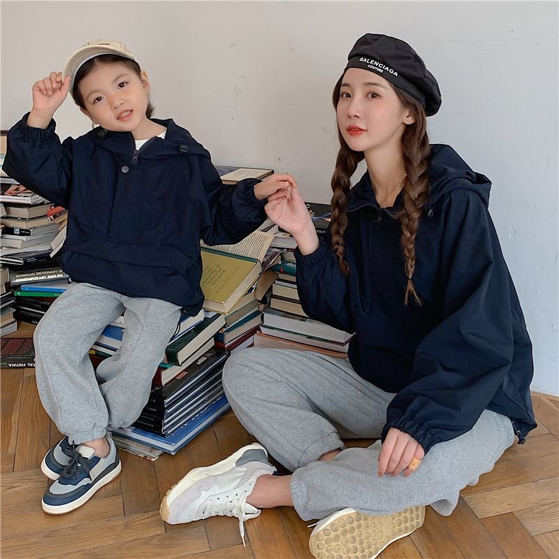 Children Fashion Casual Solid Color Zipper Hooded Long Sleeve Parent-Child Top