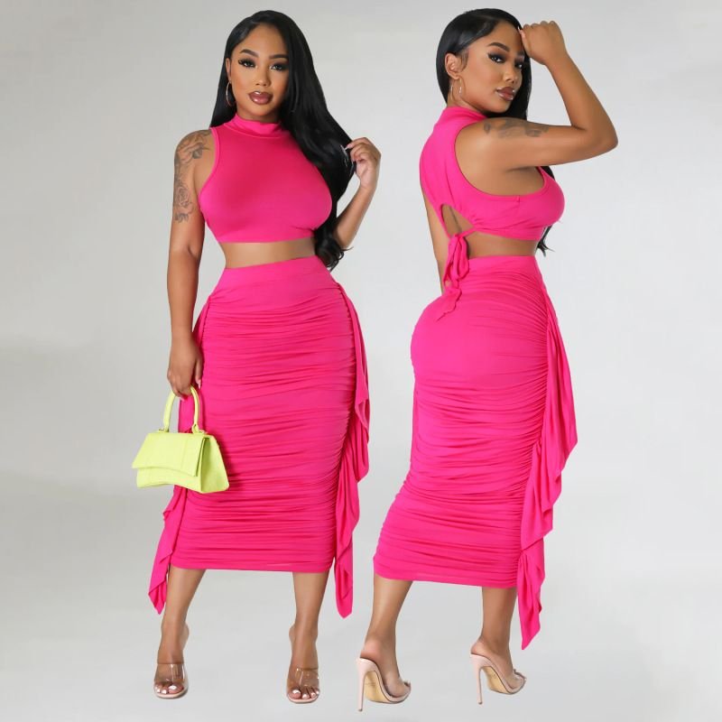 Summer Women Sexy Tight Tassel Sleeveless Skirt Two-Piece Set