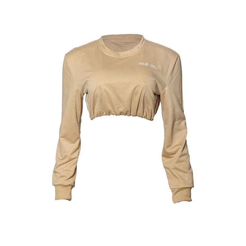 Autumn Solid Color Round Neck Embroidered Letter Long Sleeve Crop Sweatshirt