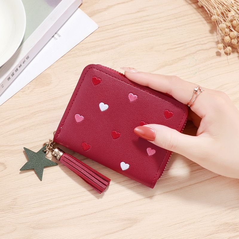 Women Fashion Casual Heart Pattern PU Zipper Wallets