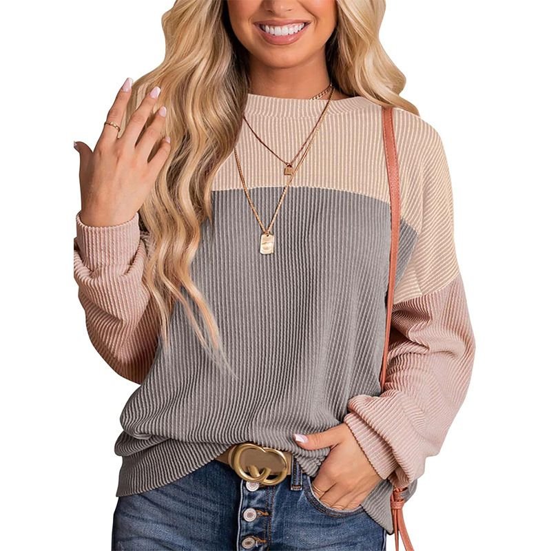 Women Fashion Casual Stripe Color Matching Round Neck Long Sleeve Sweatshirt