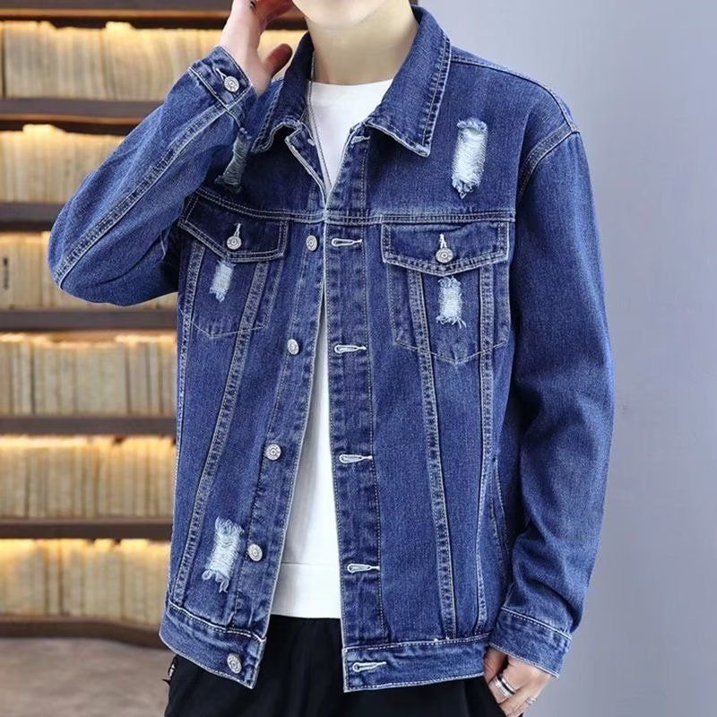 Men Fashion Casual Ripped Long Sleeve Lapel Denim Jacket