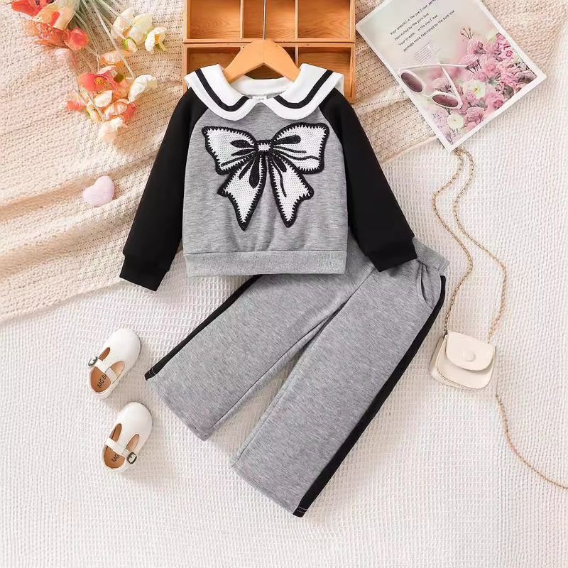 Kids Toddler Girls Casual Cute Bow Long Sleeve Peter Pan Collar Sweatshirts Trousers Sets