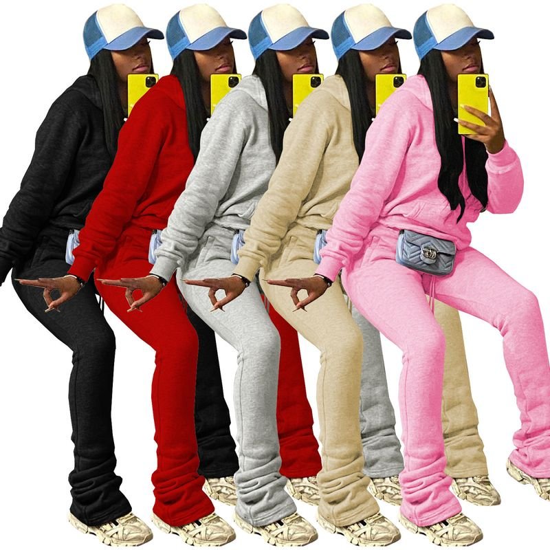 Women Fashion Solid Color Fleece-Lined Long Sleeve Hooded Sweat Drawstring Pants Two-Piece Set