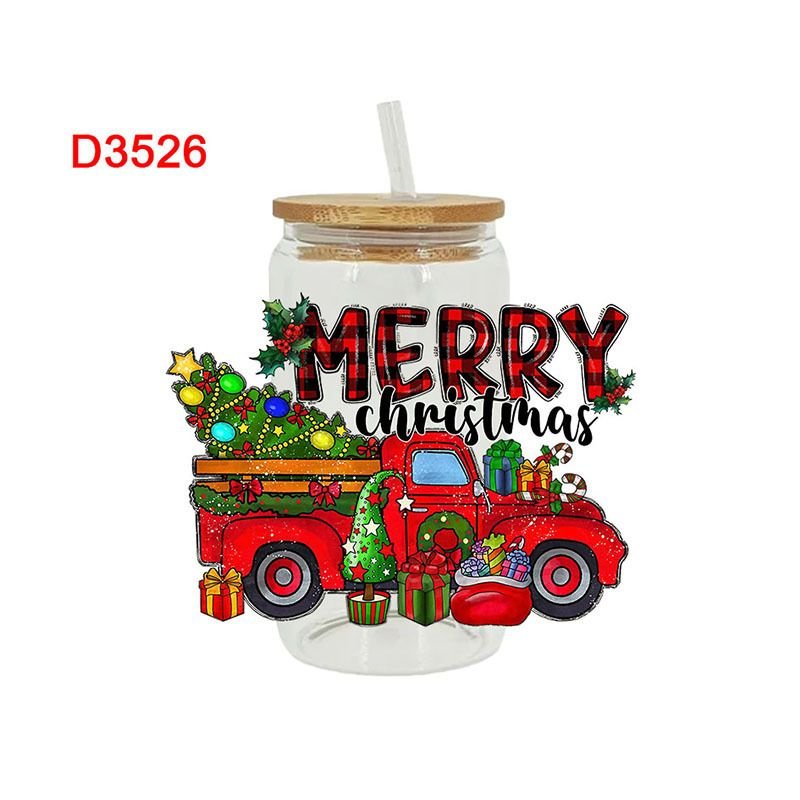 Cartoon Cute Christmas Truck Faceless Old Man UV Transfer Glass Crystal Sticker