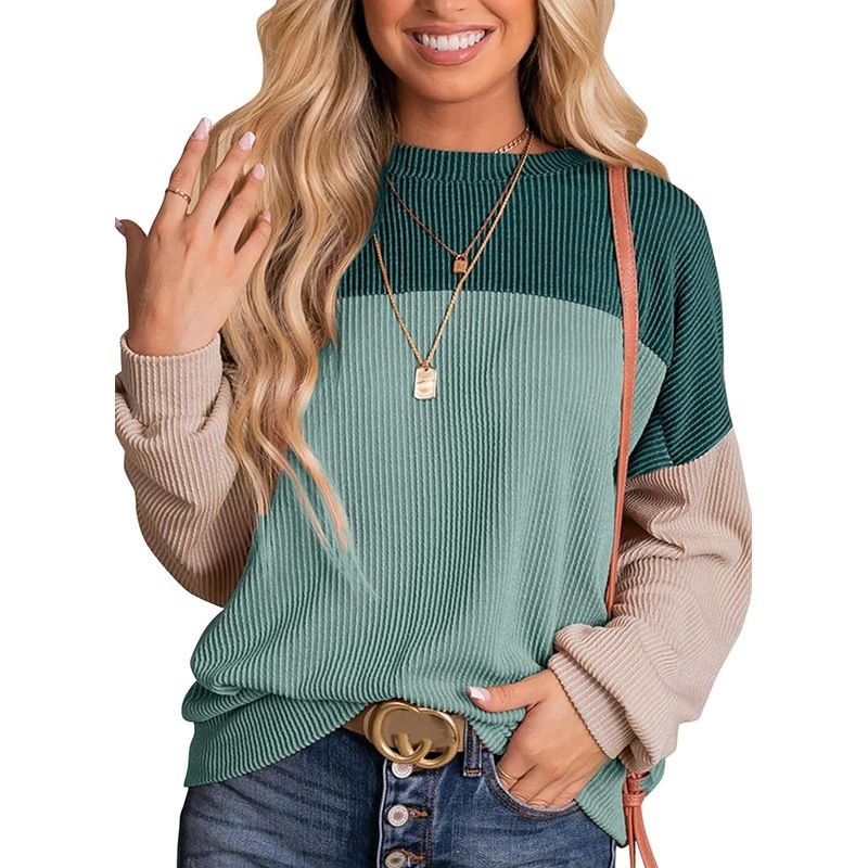 Women Fashion Casual Stripe Color Matching Round Neck Long Sleeve Sweatshirt