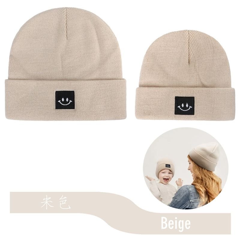 Autumn Winter Simple Solid Color Smiley Label Warm Knitted Parent-Child Wool Hat Set