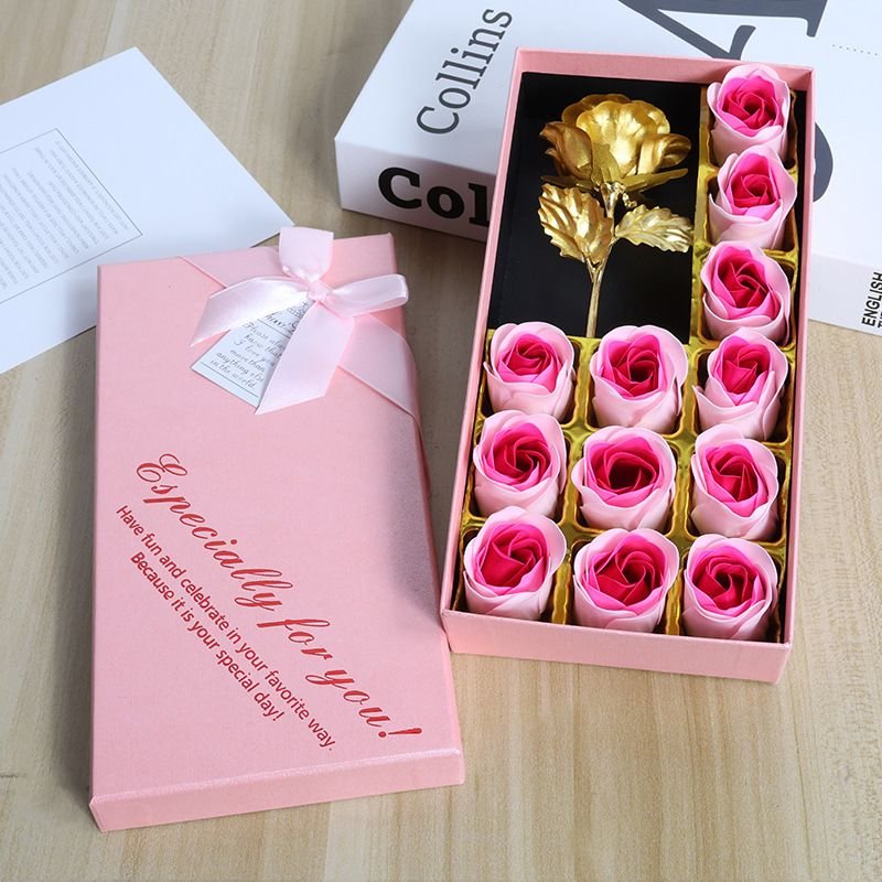 Valentine'S Day Simulation Flower 12 Gold Foil Soap Rose Small Gift Box