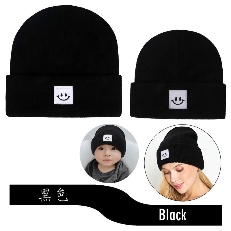 Autumn Winter Simple Solid Color Smiley Label Warm Knitted Parent-Child Wool Hat Set