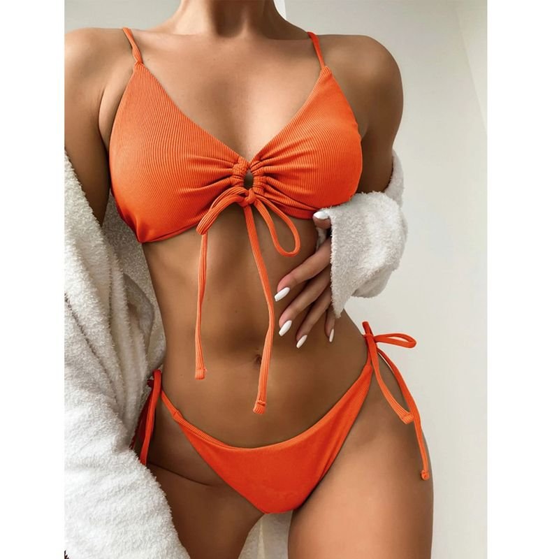 Summer Vaction Women Sexy Triangle Bikini Drawstring Solid Color Swimsuit