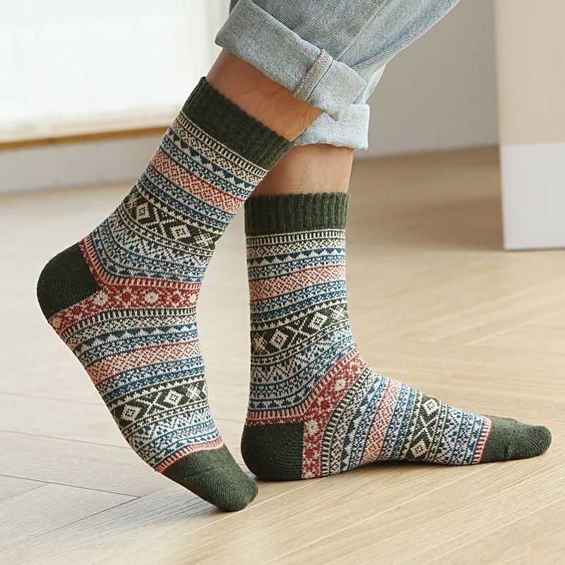 Autumn Winter Men Retro Ethnic Style Diamond Corrugated Thick Warm Socks