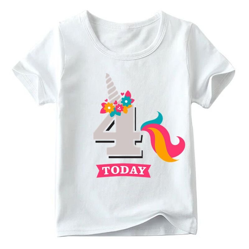 Kids Cute Cartoon Unicorn Number Pattern Round Neck Short Sleeve Birthday Loose T-shirt