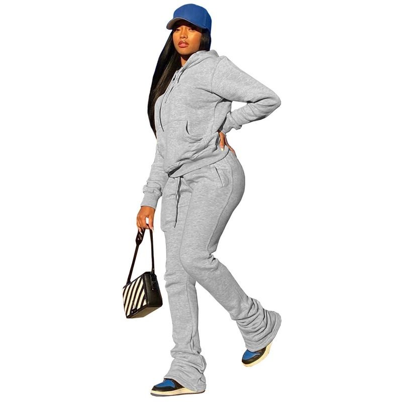 Women Fashion Solid Color Fleece-Lined Long Sleeve Hooded Sweat Drawstring Pants Two-Piece Set