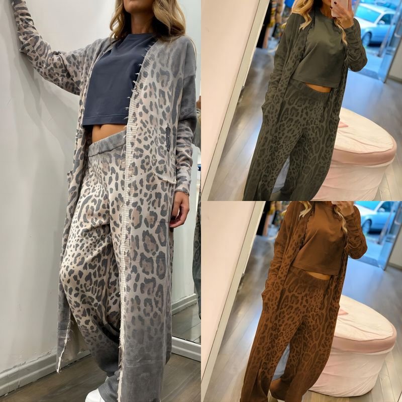 Women Casual Leopard Printed Long-Sleeved Cardigan Jacket Pants Two-Piece Set