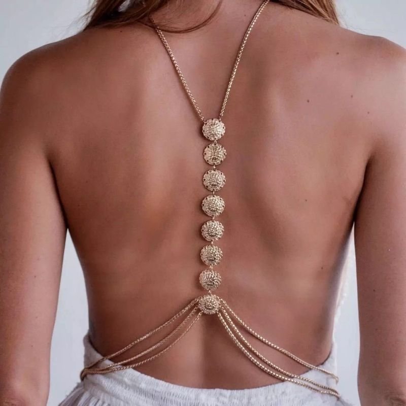 Women Retro Fashion Simple Carved Pattern Plate Back Body Chain