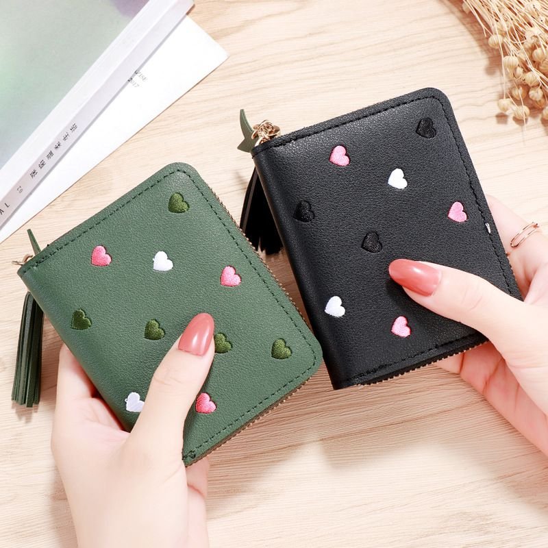 Women Fashion Casual Heart Pattern PU Zipper Wallets