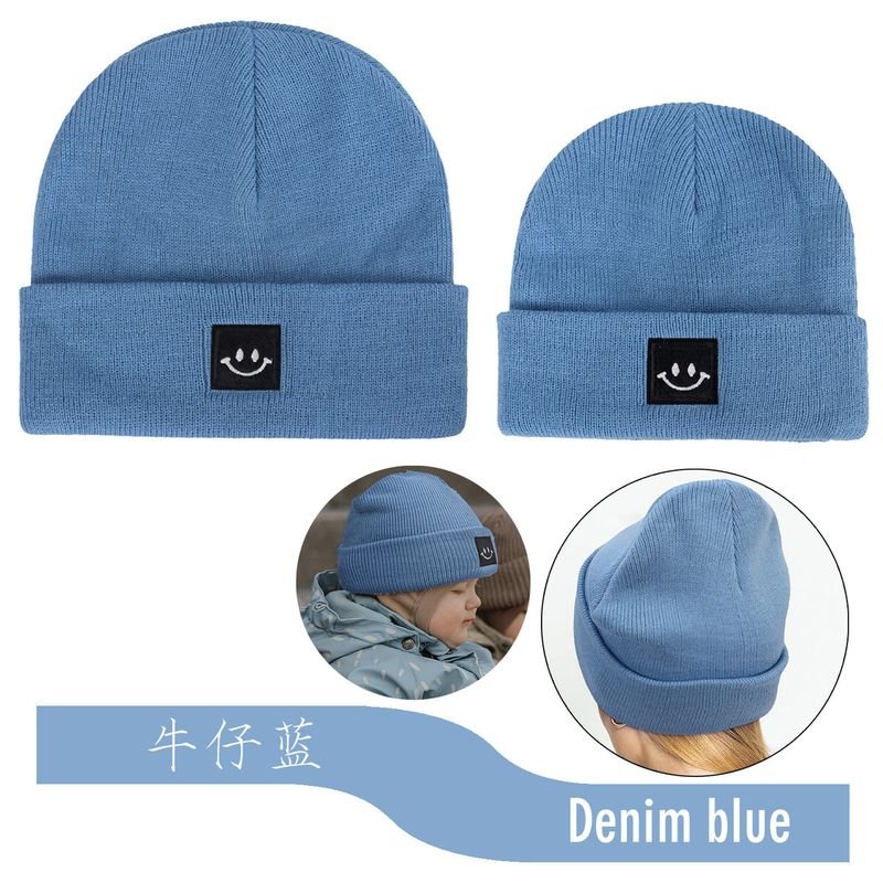 Autumn Winter Simple Solid Color Smiley Label Warm Knitted Parent-Child Wool Hat Set