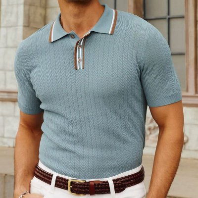 Men Fashion Casual Business Stripe Knitted Short Sleeve Lapel POLO Shirt