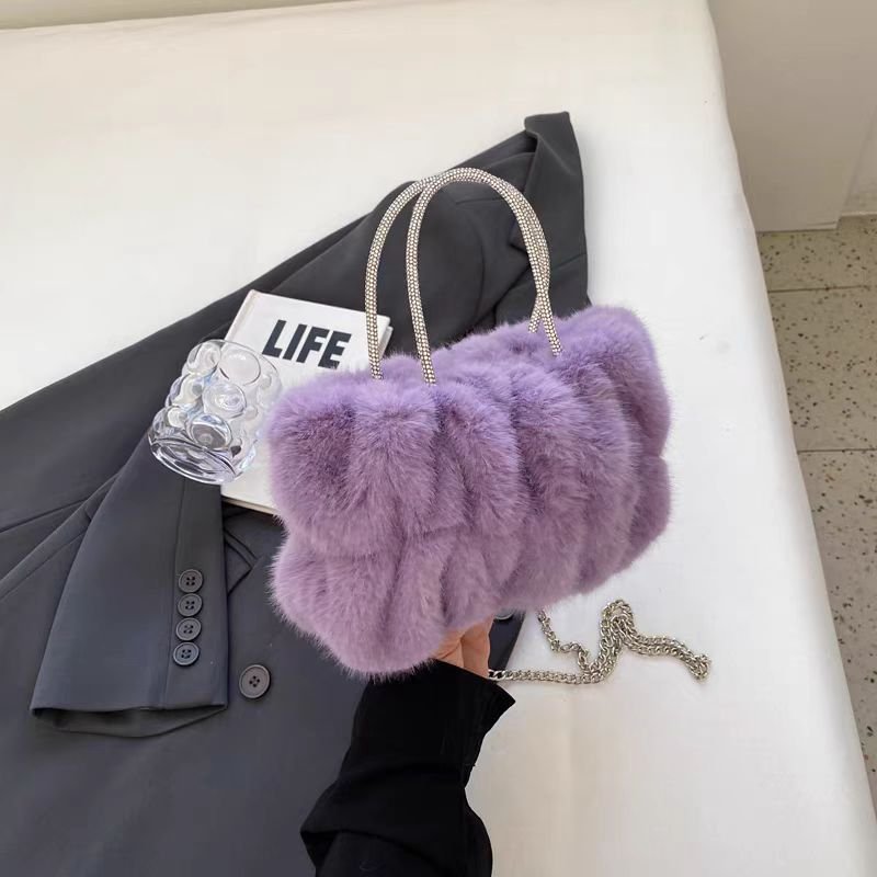 Autumn Winter Women Fashion Solid Color Plush Chain Handle Shoulder Bag