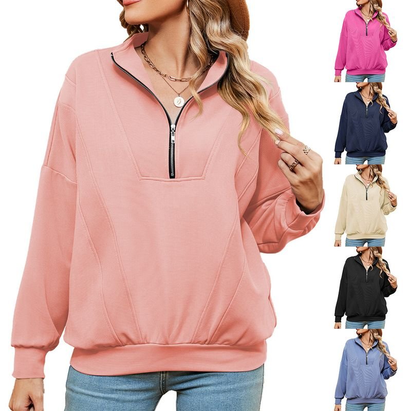 Autumn Winter Women Casual Solid Color Zipper Long Sleeve Blank Sweatshirt