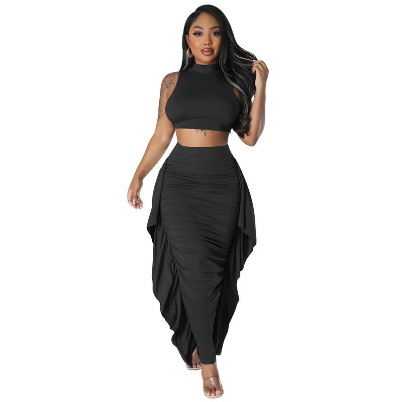 Summer Women Sexy Tight Tassel Sleeveless Skirt Two-Piece Set