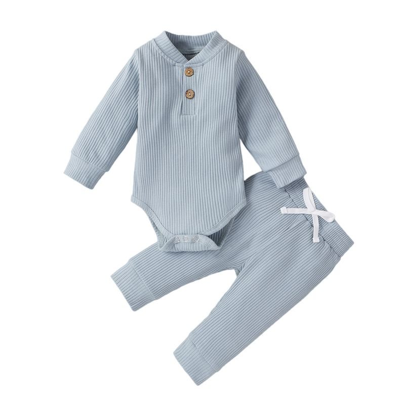 Kids Baby Boys Girls Casual Cute Solid Color Rib-Knit Long-Sleeved Romper Trousers Sets