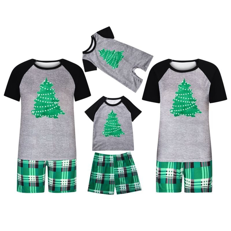 Simple Cartoon Christmas Tree Print Round Neck Short-Sleeved Top Shorts Home Parent-Child Pajamas Set