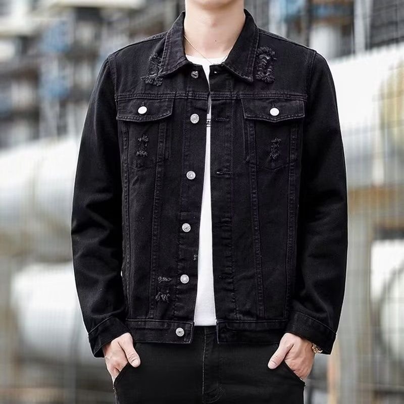 Men Fashion Casual Ripped Long Sleeve Lapel Denim Jacket