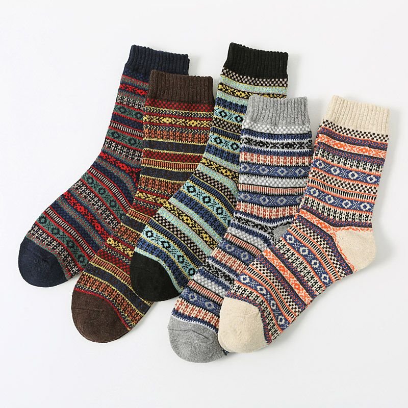 Autumn Winter Men Retro Ethnic Style Diamond Corrugated Thick Warm Socks