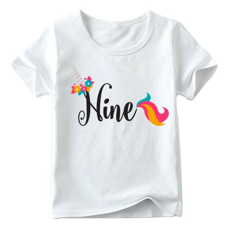 Kids Cute Cartoon Unicorn Number Pattern Round Neck Short Sleeve Birthday Loose T-shirt