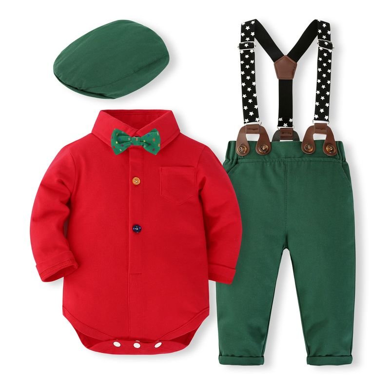 Kids Baby Boys Party Casual British Style Dinosaur Print Long Sleeve Romper Suspender Pants Sets