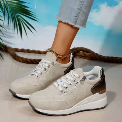 Women Casual Plus Size Round Toe Lace-Up Wedge Heel Sneaker