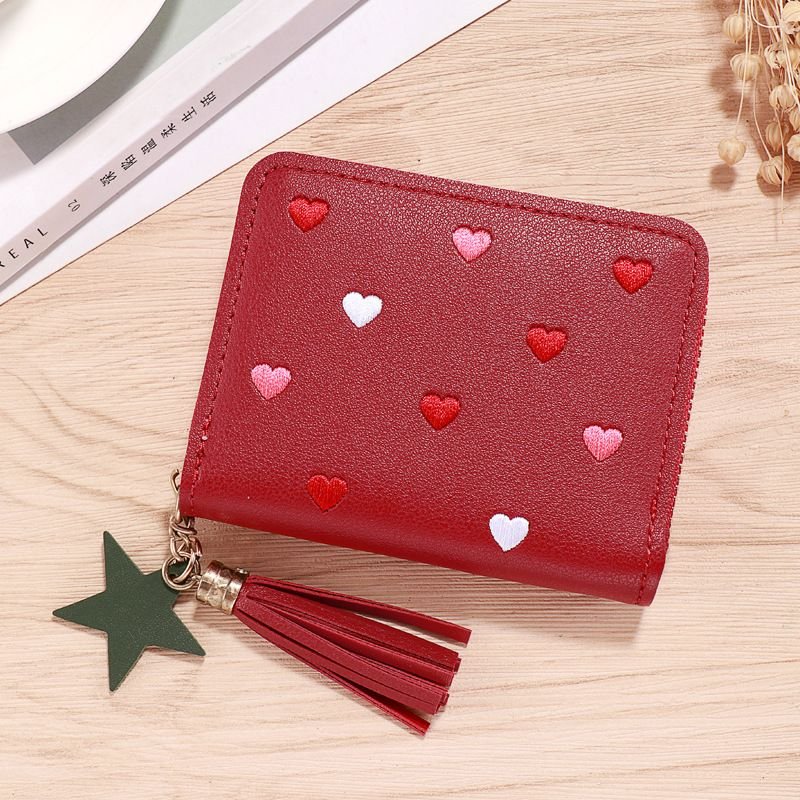 Women Fashion Casual Heart Pattern PU Zipper Wallets