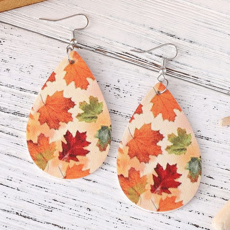 Autumn Thanksgiving Maple Leaf Pendant Pu Leather Earrings