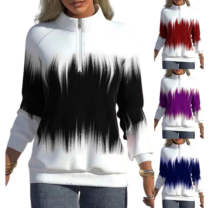 Women Fashion Gradient Print Long Sleeve Zipper Mock Sweatshirt