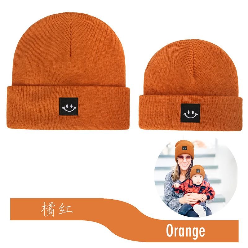 Autumn Winter Simple Solid Color Smiley Label Warm Knitted Parent-Child Wool Hat Set