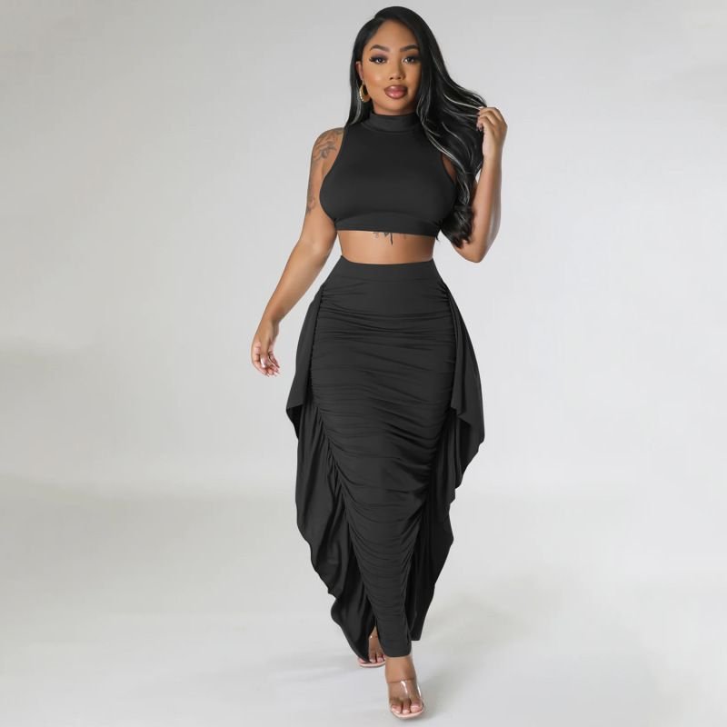 Summer Women Sexy Tight Tassel Sleeveless Skirt Two-Piece Set