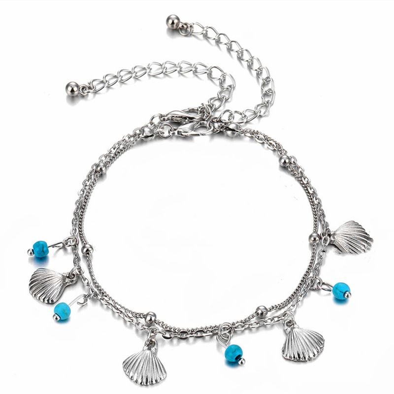 Women Fashion Shell Turquoise Beads Tassel Double-Layer Anklet