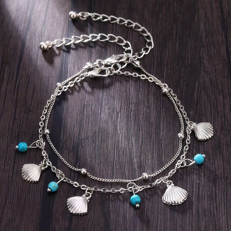 Women Fashion Shell Turquoise Beads Tassel Double-Layer Anklet