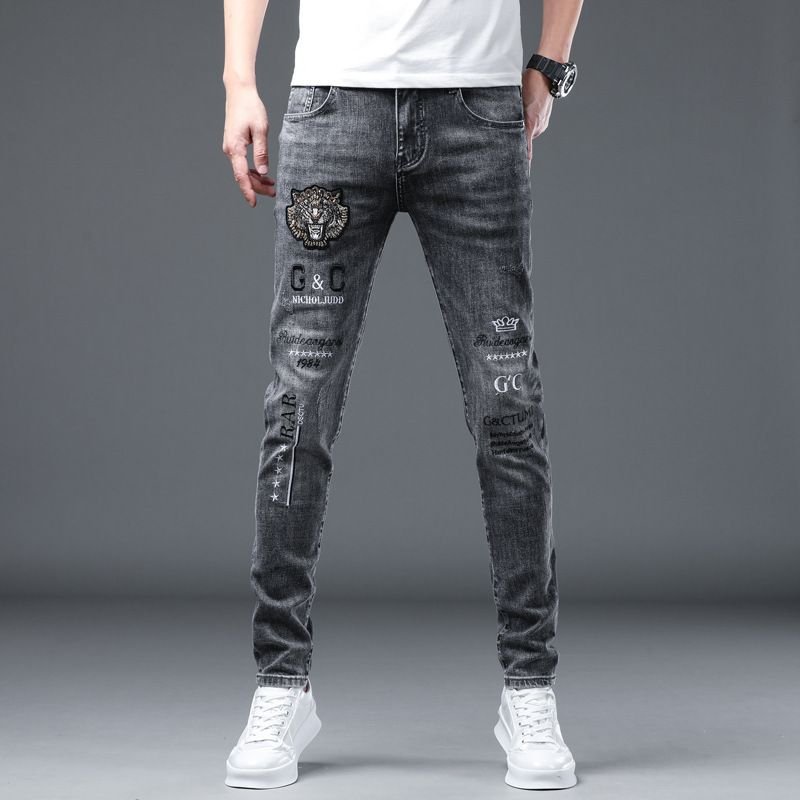 Men Casual Printed Solid Color Slight-Elasticity Skinny Jeans